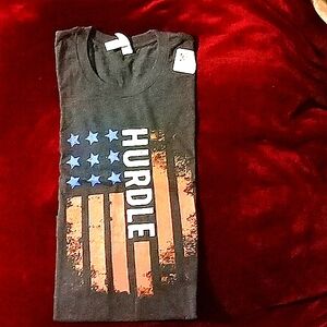 Women's T-shirt dark gray Small, Hurdle Flag print on front, cotton/polyester.
